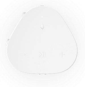 Cassa Bluetooth Sonos Roam 2 bianca, vista dall'alto, pulsanti di comando in rilievo, simboli meno, riproduzione/pausa, più, microfono