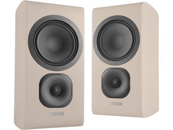 Par de altavoces de estantería Canton Vento 31 arena, acabado beige arena con altavoces negros en vista frontal de tres cuartos
