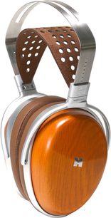 Hifiman Audivina lukkede hifi-hovedtelefoner, ovale ørekopper i perforeret træ, polstret læderbetrukket metalbøjle, præsenteret hængende