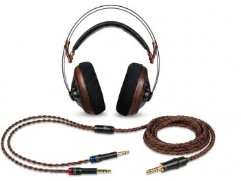 Cuffie circumaurali marroni e nere con doppio archetto metallico e cavo intrecciato staccabile con prese jack