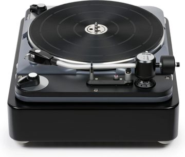 Siyah Thorens TD 124 DD vinil plak çalar, üstten görünüm, siyah plak tablası, gümüş renkli okuma kolu, gümüş renkli düğmeler ve kadranlar