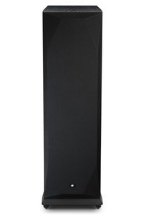 Talni zvočnik Mofi Electronics SourcePoint V10 črne barve, pogled od spredaj, s tekstilno mrežico in črnim podstavkom