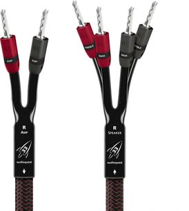 Rocket 33 SBW højttalerkabel 2x2m med røde og grå stik mærket AMP, TREBLE og BASS, sort og rød fletning
