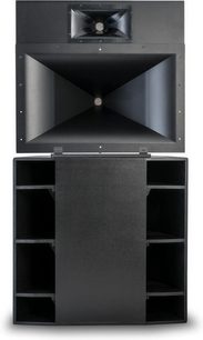 Klipsch Jubilee højttaler i valnøddetræ, set forfra, 2 rektangulære sorte højttalere, 1 rund, blank sort kabinet