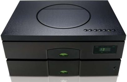 Naim Audio CD555 CD-afspiller i sort, set forfra, to skuffer, grønt digitalt display, kontrolknapper