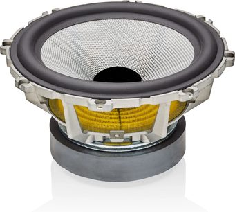 Frontansicht des Bowers & Wilkins 606 S3 Tieftöners in weiß, graue Membran, gelbe Sicke, Metallgitter