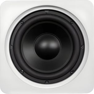 Velodyne Deep blue 8 witte subwoofer vooraanzicht met zwarte luidspreker op witte vierkante voorzijde