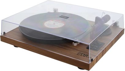 Gramofon Enova HIFI Vision 2 SET ořech, povrchová úprava Dark wood, pohled shora, průhledné víko zavřené