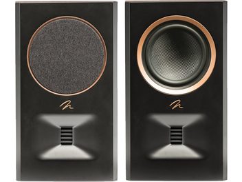 MartinLogan Motion MP10 baghøjttaler i valnød med to enheder, en med cirkulært gitter og en anden med synlig højttaler omgivet af en gylden ring, stiliseret logo nederst, sort rektangulær port nedenunder