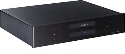 Consonance CD-120 Linear CD-afspiller set forfra i sort, børstet aluminiumsfront, blåt display, CD-skuffe