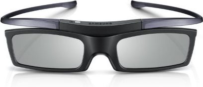 Aktive sorte 3D-briller, set forfra, rektangulære grå linser, brede buede stænger, smal næsebro