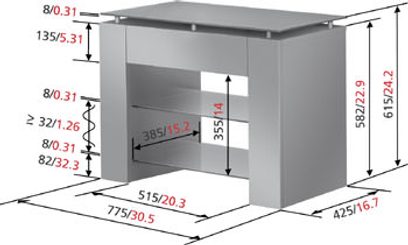 Gråt TV-møbel med dør, detaljerede dimensioner i centimeter på teknisk diagram set forfra og fra siden