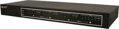 Lindy 38044 sort 4 til 4 HDMI-switchmatrix, frontvisning, 8 HDMI-porte, 8 lysdioder, 8 knapper