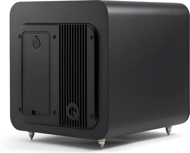 Q Acoustics Q SUB80 matte black subwoofer in wooden enclosure, rear right three-quarter view showing the ribbed vertical heatsink, recessed control panel, and four metal conical feet
