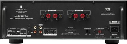 Parasound 2250 v.2 sort effektforstærker, bagside, frontvisning, stik og kontroller
