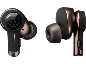Бездротові навушники Audio Technica ATH-TWX9 чорно-бронзового кольору, вид з лівого боку та розібране зображення обох навушників
