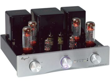 Amplificatore integrato stereo a valvole Cayin A-50T, chassis in metallo nero lucido con pannello frontale in alluminio spazzolato argento, tre trasformatori cubici neri sul retro, numerose valvole cilindriche incandescenti sulla parte superiore e due ampie manopole circolari sul frontale, vista da tre quarti anteriore