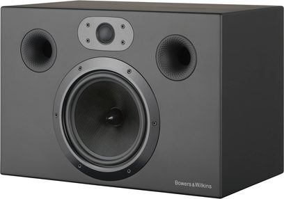 Reproduktor Bowers & Wilkins CT7.5 černý, pohled zepředu. Krychlový box s centrálním kulatým reproduktorem a dvěma postranními reproduktory.