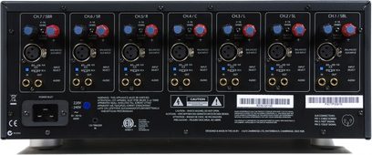 Arcam FMJ P777 silver power amplifier, front view, 7 channels, buttons and audio connectors on the front panel