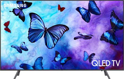Samsung QE65Q6F 2018 QLED-fladskærms-TV, frontvisning, viser blå og røde sommerfugle på en blå og violet gradueret baggrund