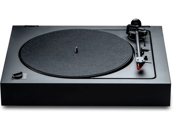 Pro-Ject A2 yüksek kaliteli plak çalar, üstten görünüm, siyah dairesel plak tablası, kırmızı kapsüllü okuma kolu, hız seçici
