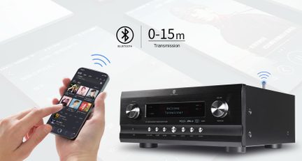Sort Tonewinner-lydforstærker tilsluttet via Bluetooth til en smartphone, trådløs rækkevidde 0 til 15 m