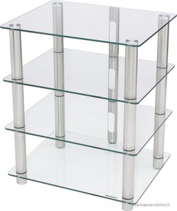 Norstone Design Epur 4 hi-fi møbel i transparent glas med 4 rektangulære hylder og 8 cylindriske aluminiumsben