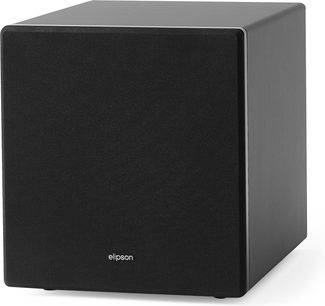 Subwoofer Elipson PREMIUM SUB 10 černý, krychlový design, přední panel s textilní mřížkou, diskrétní logo, pohled zepředu ze tří čtvrtin
