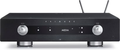 Amplificatore hi-fi stereo Primare I35 Prisma M36 nero, vista frontale, 2 manopole rotanti argentate, display LED, connettori sul retro
