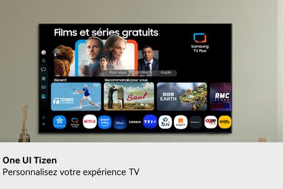 Samsung TQ65Q7F4 2025 højopløsnings-tv i sort med slank metalramme, fladskærm set forfra med farverig Smart TV-grænseflade