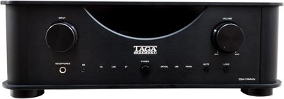 Taga Harmony HTA-2000B v.2 sort hi-fi stereoforstærker, set forfra, sort front med knapper og stik på forsiden