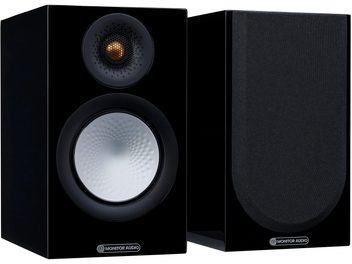 Monitor Audio Silver 50 7G fekete zongoralakk állványos hangfal, elölnézet és oldalnézet, magassugárzó és közép/mély hangszóró