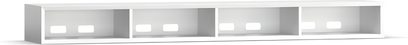 Mueble de audio y video Clic Classic Series Modelo 141 en madera blanca, vista frontal, 4 compartimentos abiertos con pasacables oblongos