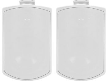 Twee witte Elipson RAIN 8 buitenluidsprekers, frontaal gezien, met een cilindrische vorm en beschermingsrooster