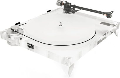 Giradischi Gold Note Valore 425 Plus in acrilico con braccio B-5, vista dall'alto, telaio trasparente, braccio e testina neri
