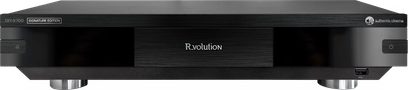 Lettore multimediale R_volution DIYX700 Signature Edition nero, vista frontale, pannello in alluminio spazzolato, porta USB