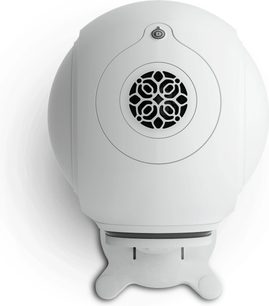 DEVIALET GECKO - Phantom II vit högtalareställ - frontvy, rundad form, svart cirkulärt galler i mitten