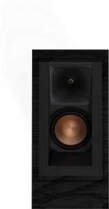 Enceinte colonne Klipsch R-605FA noire, vue de face, tweeter et haut-parleur médium/grave visibles derrière une grille noire