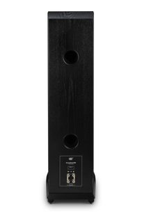 Golvhögtalare Mofi Electronics SourcePoint 888 svart, bakifrån med dubbla basreflexportar och anslutningsterminaler på träkabinett