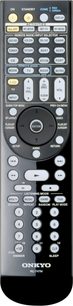 Sort Onkyo RC-747M fjernbetjening med grå og hvide knapper, set forfra