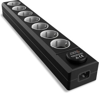 Sort EAT Essential Audio Tools MM7 strømskinne med 7 runde stikkontakter i børstet aluminium, set ovenfra