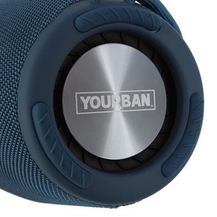 Bluetooth-højttaler Yourban Getone 45 blå, set forfra, cirkulær metaloverflade med koncentrisk mønster, kant i tekstureret stof