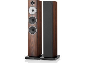 Boxe podea Bowers & Wilkins 704 S3 culoare moca, lemn întunecat, 3 difuzoare rotunde negre, tweeter argintiu, bază neagră