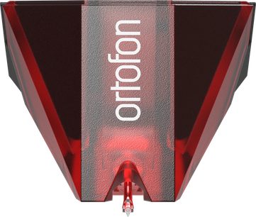 Cellule platine vinyles Ortofon 2MR red, vue de dessous, corps rouge et noir brillant, pointe de lecture visible