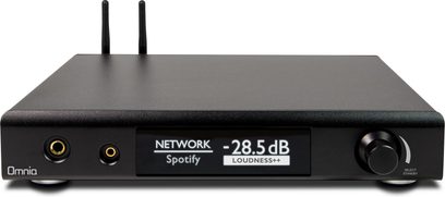 Omnia A300SE Nuprime sort hi-fi stereoforstærker set forfra, 2 forgyldte drejekontakter, display, hovedtelefonstik, Wi-Fi-antenner
