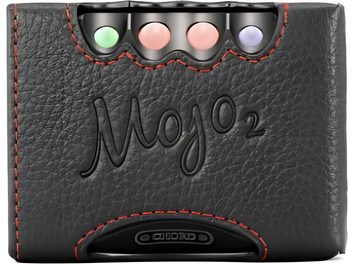 Sort læderetui til Chord Mojo 2, rektangulært, præget logo, 4 farvede knapper, gråt polstret indvendigt