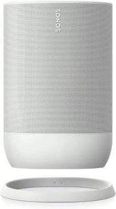 Enceinte sans fil connectée Sonos Move blanc, vue de face, grille textile grise, base blanche, forme cylindrique arrondie