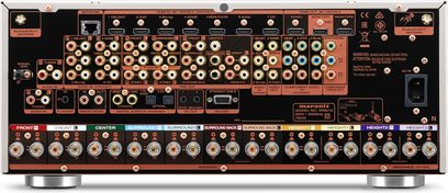 Marantz SR-8012 sort hjemmebiografsforstærker, frontpanel, frontvisning, mange stik og knapper, digitalt display
