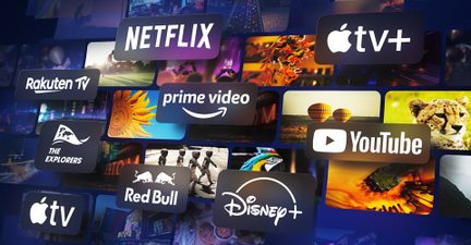 Multicolored digital montage of black, blue, and gray rectangular panels displaying several streaming platform logos, superimposed on a blurred mosaic of video thumbnails, front view