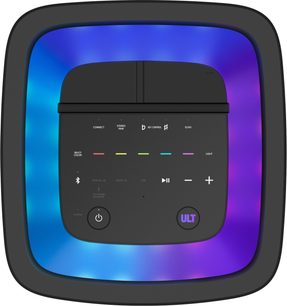 Vista dall’alto dell’altoparlante bluetooth portatile Sony ULT Tower 9 di Sony in plastica nera opaca, pannello comandi centrale con grandi pulsanti e anello LED multicolore sfumato blu e viola